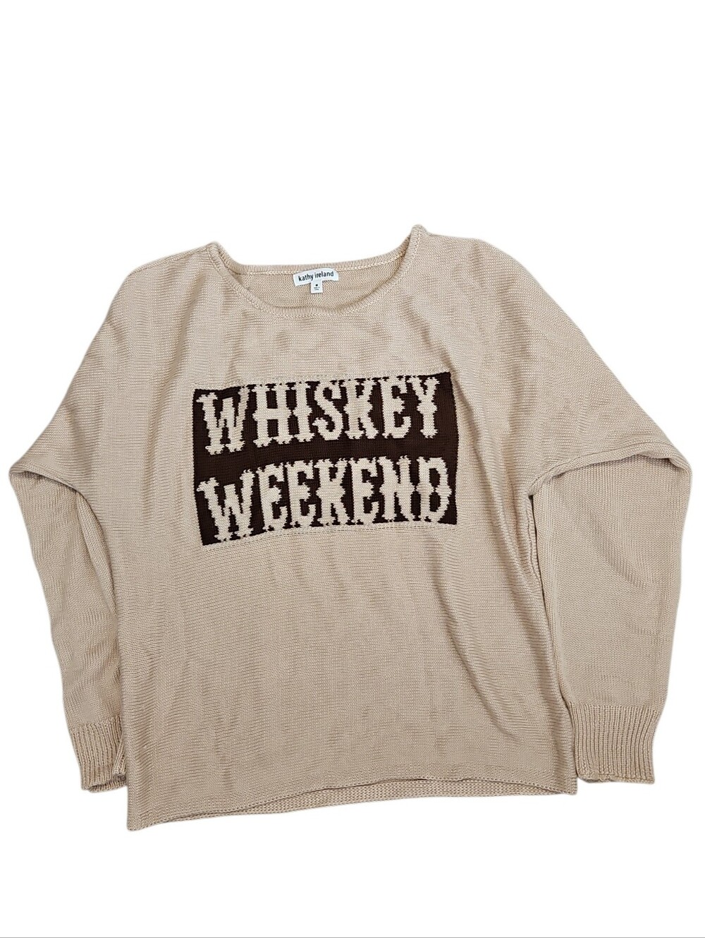 kathy ireland Beige Sweater with Dark Brown 'WHISKEY WEEKEND' Graphic Siz Medium